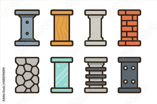Colorful Pillar Icons. Flat vector mini-illustrations structural pillars in colors children's illustrations: steel pillar, wooden