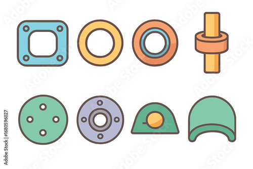 Colorful Rubber Seal Icons. Flat vector mini-illustrations rubber seals in colors children's illustrations: rubber gasket, O-ring,