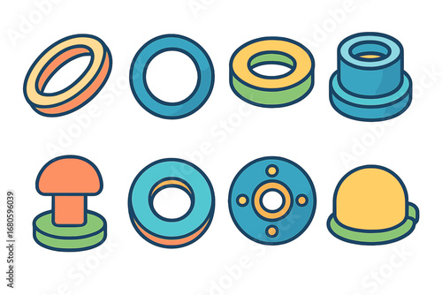 Colorful Rubber Seal Icons. Flat vector mini-illustrations rubber seals in colors children's illustrations: rubber gasket, O-ring,