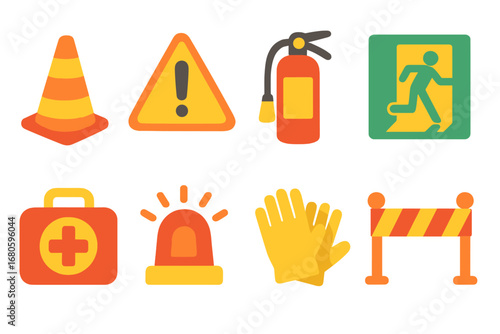 Colorful Safety Icons. Flat vector mini-illustrations collapse and safety signs in colors children's illustrations: caution cone,