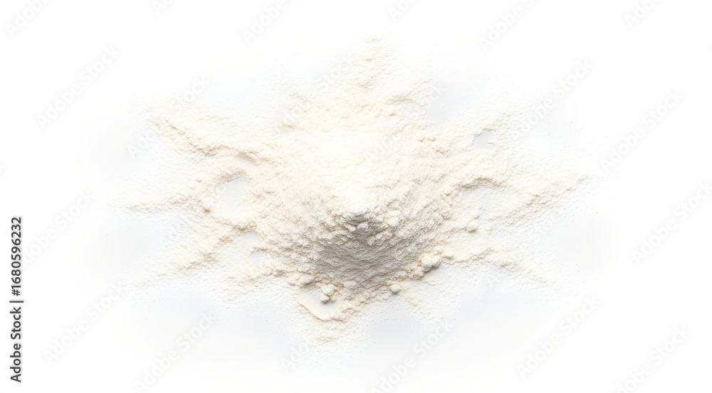 Obraz premium A small pile of white powder scattered outwards on a clean white background, creating a starburst effect.