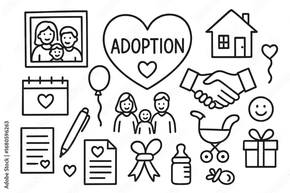 Fototapeta premium Adoption Doodle Icons. Hand-drawn doodle illustration adoption legal process document, pen, scales of justice, handshake, calendar