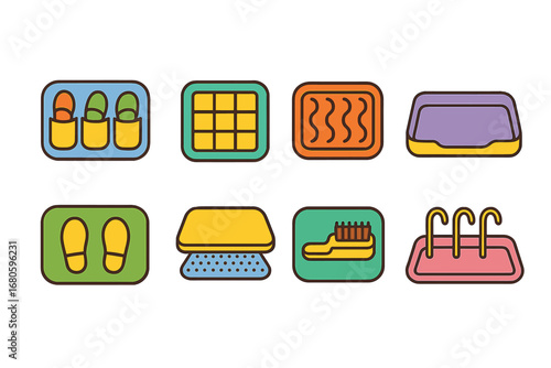 Colorful Shoe Mat Icons. Flat vector mini-illustrations shoe storage mats in colors children's illustrations: shoe mat with