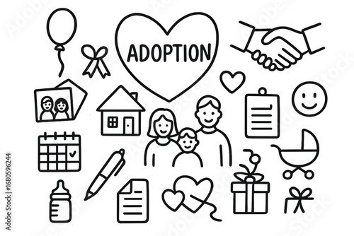 Adoption Doodle Icons. Hand-drawn doodle illustration adoption legal process document, pen, scales of justice, handshake, calendar