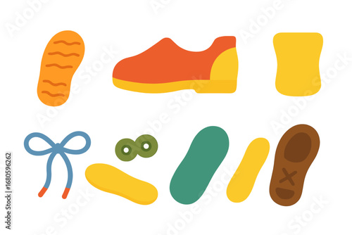 Colorful Shoe Parts Grid. Flat vector mini-illustrations shoe parts in colors children's illustrations: sole, upper, heel, tongue,