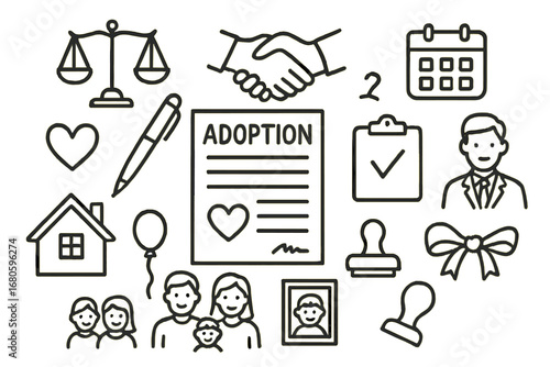 Adoption Process Icons. Hand-drawn doodle illustration adoption legal process document, pen, scales of justice, handshake,