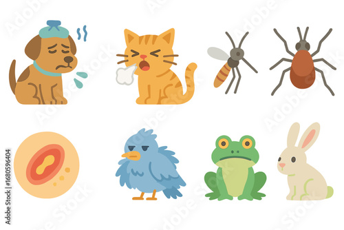 Animal Illness Icons. Flat vector mini-illustrations infection and animals in colors children's illustrations: sick dog, sneezing