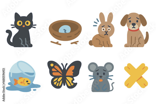 Animal Bad Luck Icons. Flat vector mini-illustrations bad luck and animals in colors children's illustrations: black cat, broken