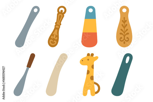 Colorful Shoehorn Designs. Flat vector mini-illustrations shoehorn designs in colors children's illustrations: modern sleek