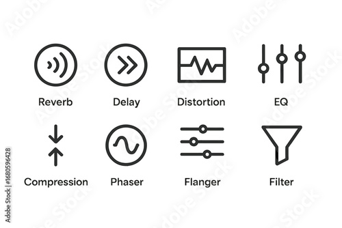Electronic Drum Icons. Outline icon set of electronic drum sound effects: reverb, delay, distortion, EQ, compression, phaser,