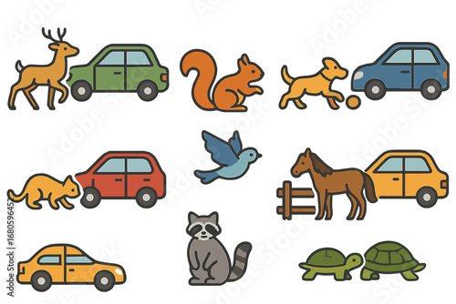 Animal Road Encounters. Flat vector mini-illustrations car crash scenes with animals in colors children's illustrations: deer