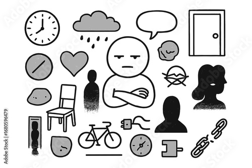 Apathy and Exploration Doodles. Hand-drawn doodle illustration apathy blank face, folded hands, empty speech bubble, closed eyes,