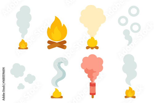 Colorful Smoke Signals. Flat vector mini-illustrations smoke signals in colors children's illustrations: smoke columns, fire pit,