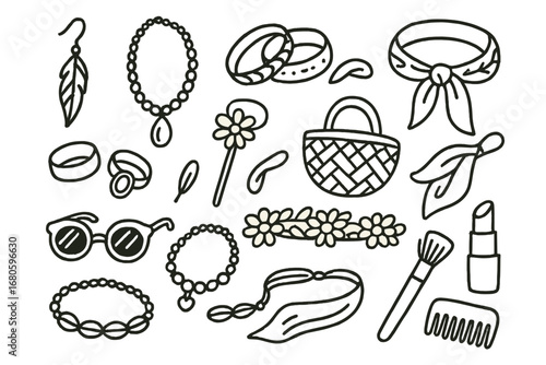 Boho Accessory Icons. Hand-drawn doodle illustration boho style accessories feather earring, beaded necklace, bangles, rings,
