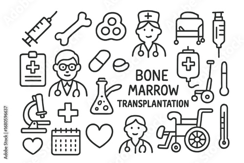 Bone Marrow Transplant Icons. Hand-drawn doodle illustration bone marrow transplantation syringe, bone marrow, stem cell, hospital