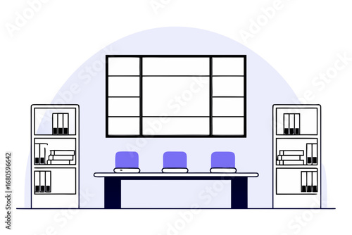 Modern office meeting room illustration with whiteboard and desks scalable vector design