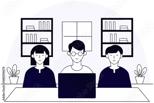 Modern flat design team collaboration with laptop and bookshelves vector illustration