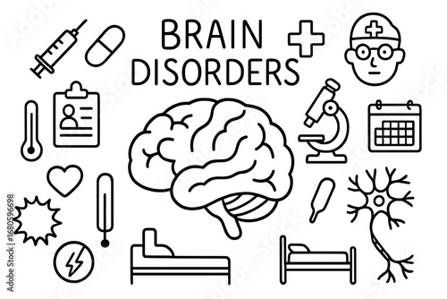 Brain Health Doodles. Hand-drawn doodle illustration cerebrum brain disorders cerebrum, brain, syringe, pill, microscope,