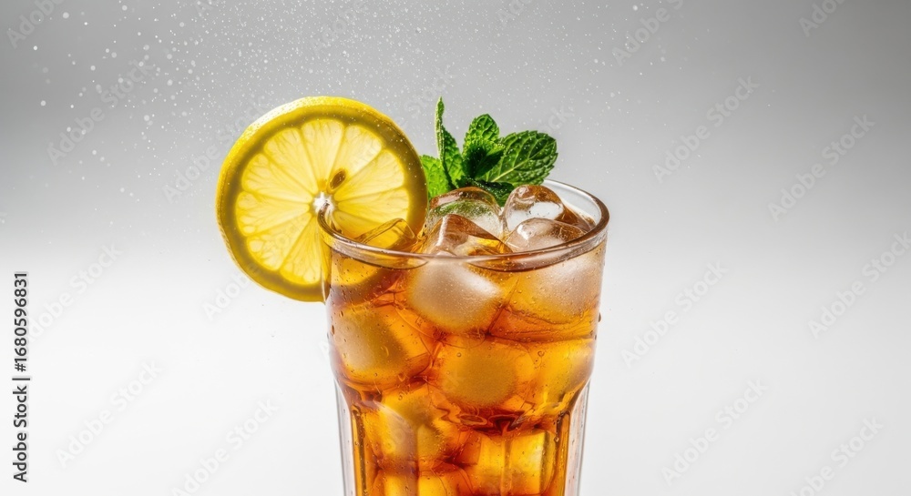 Fototapeta premium Iced tea with lemon and mint in a glass isolated on white background