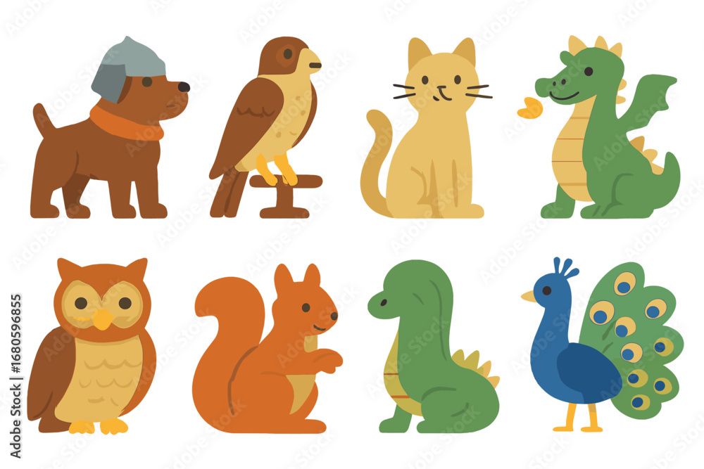 Naklejka premium Castle Animal Icons. Flat vector mini-illustrations castle animals in colors children's illustrations: guard dog, falcon, horse,