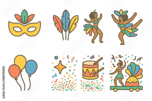 Carnival Parade Icons. Flat vector mini-illustrations carnival procession in colors children's illustrations: colorful masks,