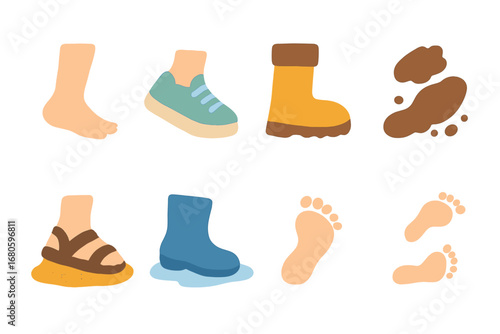 Colorful Steps Grid. Flat vector mini-illustrations walking steps in colors children's illustrations: barefoot step, sneaker step,