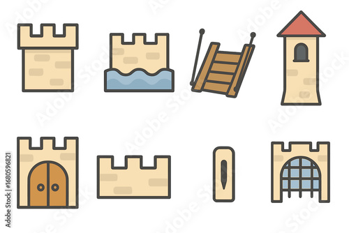 Castle Defense Icons. Flat vector mini-illustrations castle defense in colors children's illustrations: castle wall, moat,