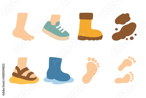 Colorful Steps Grid. Flat vector mini-illustrations walking steps in colors children's illustrations: barefoot step, sneaker step,