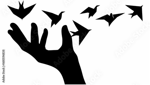 Silhouette of a hand releasing origami birds into the air in a monochrome artistic illustration style