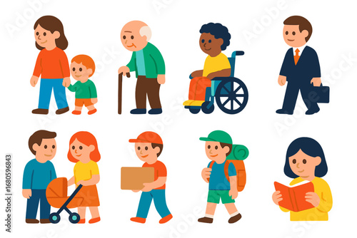 Elevator Passengers Icons. Flat vector mini-illustrations elevator passengers in colors children's illustrations: child holding