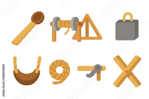 Catapult Parts Icons. Flat vector mini-illustrations catapult parts in colors children's illustrations: throwing arm, winch, base