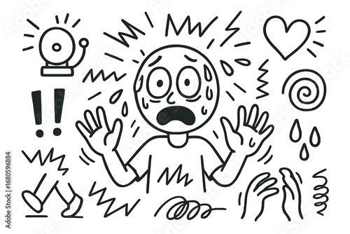 Chaotic Panic Doodle. Hand-drawn doodle illustration panic wide eyes, sweating face, raised hands, alarm bell, exclamation marks,