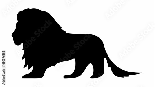 Silhouette of a majestic lion standing with a full mane and tail in a side profile on a white background