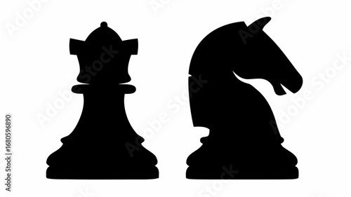 Silhouette depiction of a chess queen and knight piece side by side in a simple black and white design