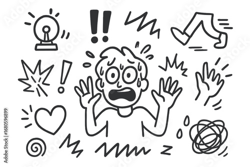 Chaotic Panic Doodle. Hand-drawn doodle illustration panic wide eyes, sweating face, raised hands, alarm bell, exclamation marks,