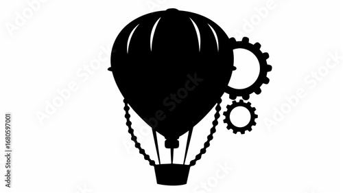Silhouette of a steampunk hot air balloon with gears attached to the side in black and white design art