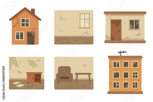Childlike Abandoned Building Icons. Flat vector mini-illustrations empty buildings in colors children's illustrations: cracked