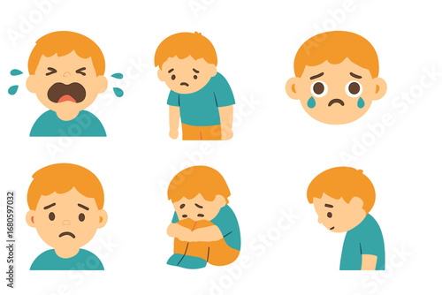 Childhood Emotions Icons. Flat vector mini-illustrations helplessness emotions in colors children's illustrations: crying child,