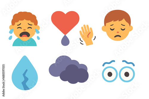 Emotional Collapse Icons. Flat vector mini-illustrations emotional collapse in colors children's illustrations: crying child,