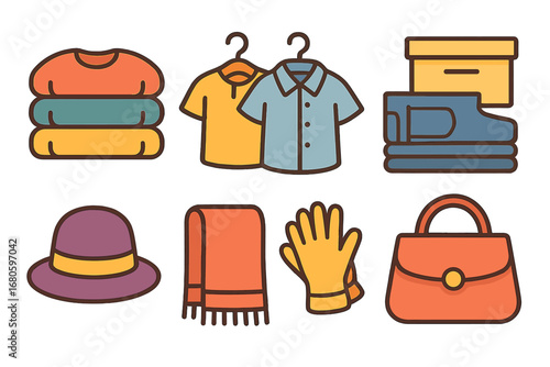 Children's Clothing Icons. Flat vector mini-illustrations clothes storage in colors children's illustrations: folded sweaters,