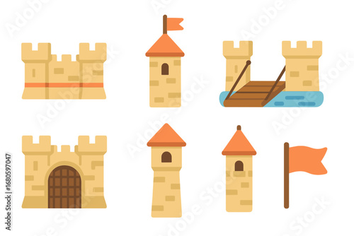 Children's Citadel Icons. Flat vector mini-illustrations citadel in colors children's illustrations: fortress walls, guard towers,