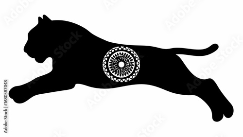 Black silhouette of a leaping feline with a circular decorative design on its body on a white background