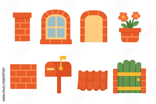 Children's Brick House Icons. Flat vector mini-illustrations brick house elements in colors children's illustrations: chimney,