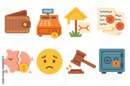 Children's Bankruptcy Icons. Flat vector mini-illustrations bankruptcy in colors children's illustrations: empty wallet, closed