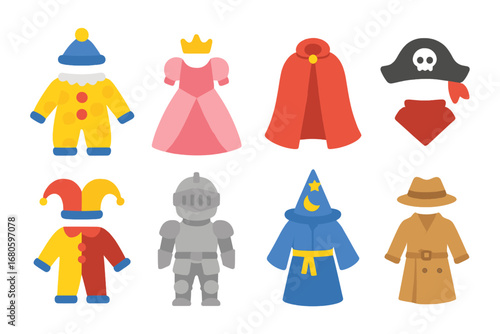 Children's Costume Icons. Flat vector mini-illustrations drama costumes in colors children's illustrations: clown outfit, princess
