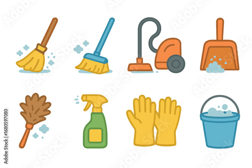 Children's Cleaning Tools. Flat vector mini-illustrations cleaning dust in colors children's illustrations: broom, mop, vacuum