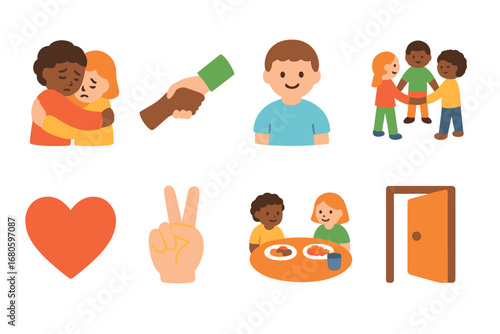 Emotions and Consequences Icons. Flat vector mini-illustrations guilt and support in colors children's illustrations: comforting