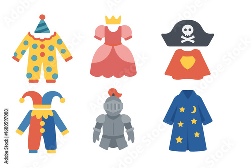 Children's Costume Icons. Flat vector mini-illustrations drama costumes in colors children's illustrations: clown outfit, princess