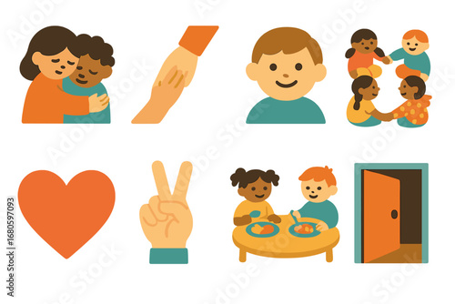 Emotions and Consequences Icons. Flat vector mini-illustrations guilt and support in colors children's illustrations: comforting