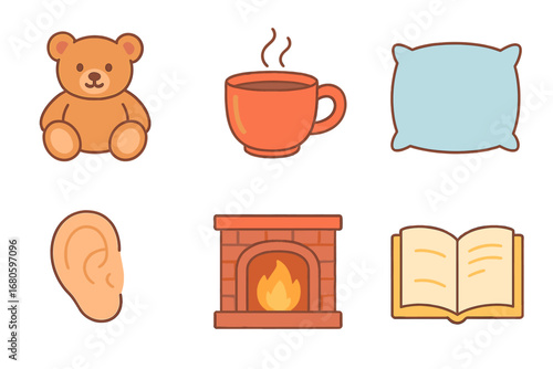 Comforting Icons Grid. Flat vector mini-illustrations comforting symbols in colors children's illustrations: teddy bear, warm